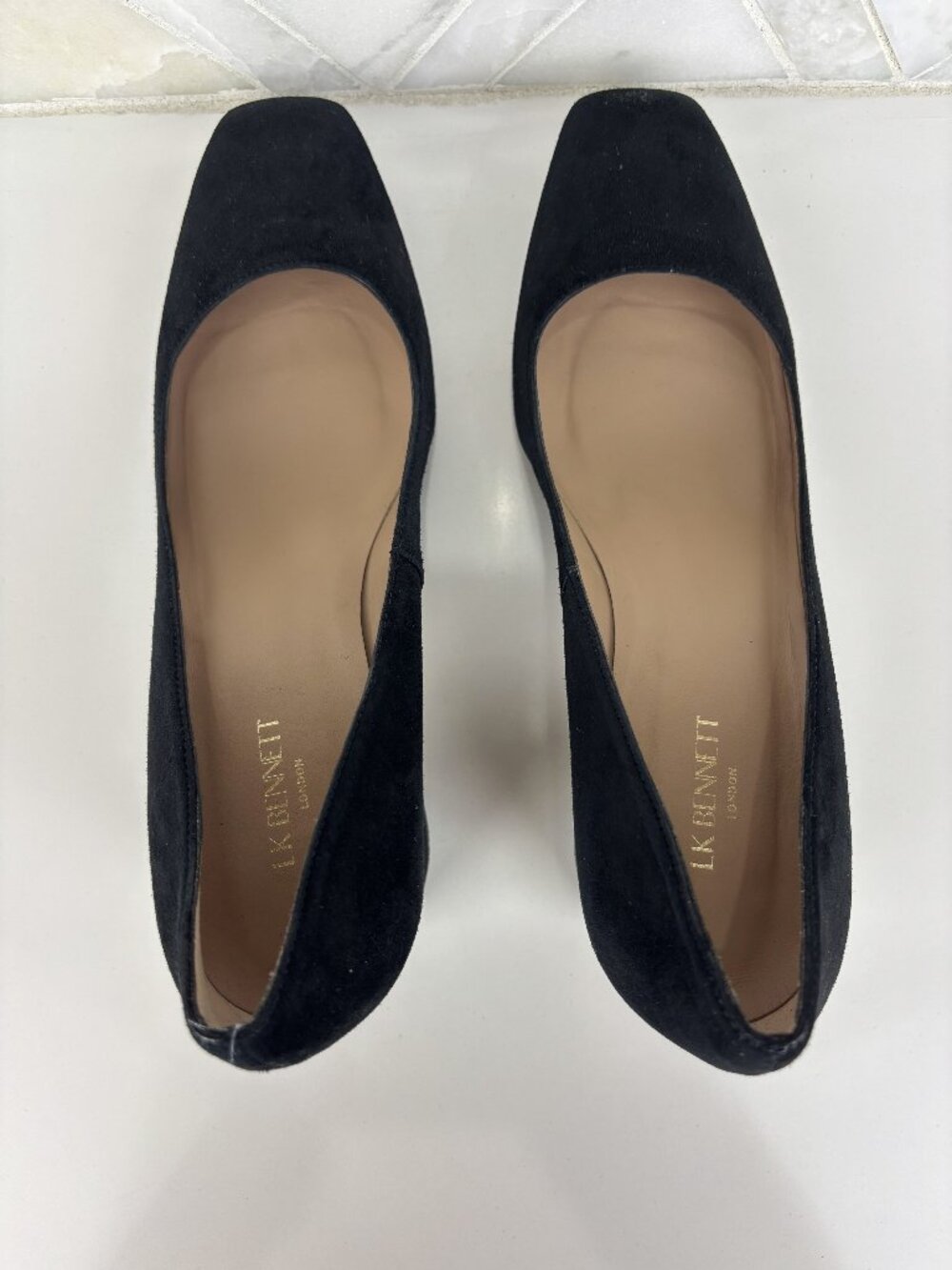 10 LK Bennett Sally Square Toe Pump Heel Court Black Leather Suede Block Heel - Picture 9 of 14